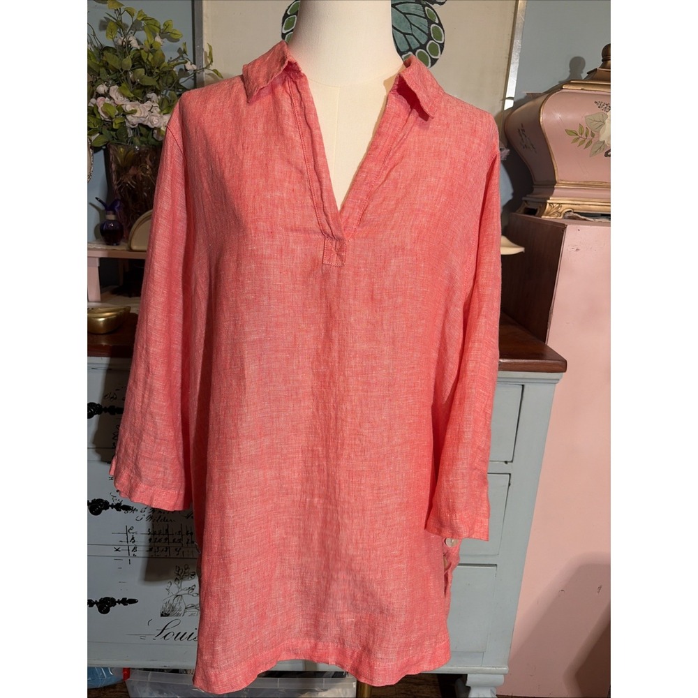 Tahari Women 100% Linen Lagenlook Coastal Resort Beach Relaxed Tunic Top Sz 1X.
